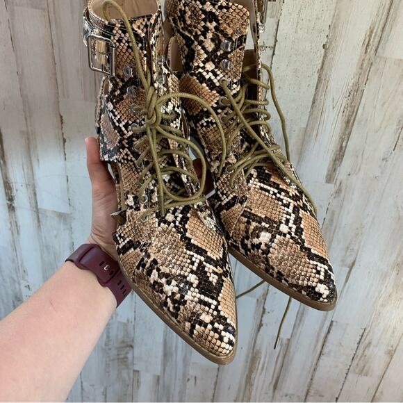 Lulus Vincient Tan Snake Print Cutout Lave-up Ankle Booties - Picture 3 of 7